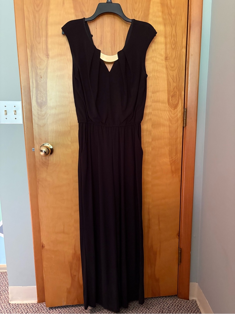 Classic Black Maxi Romper with Gold Neck Detail